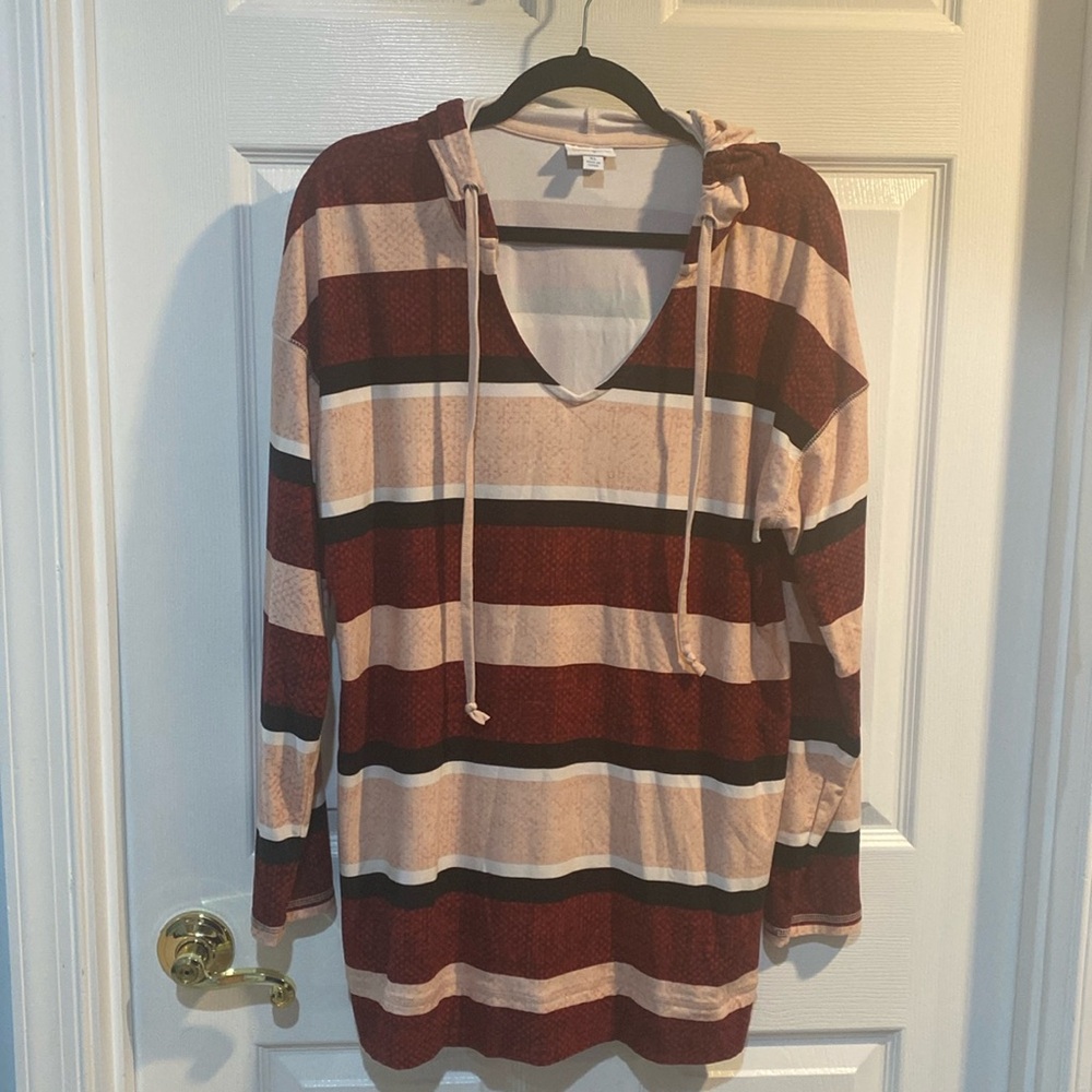 LuLaRoe Striped V-Neck Hoodie in Burgundy, Cream, Black